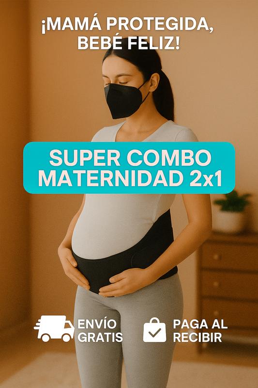SUPER COMBO FAJA BANDA SOPORTE DE VIENTRE DE EMBARAZO + MASCARILLA KN95 CAJA 10 UNDS COLOR NEGRO